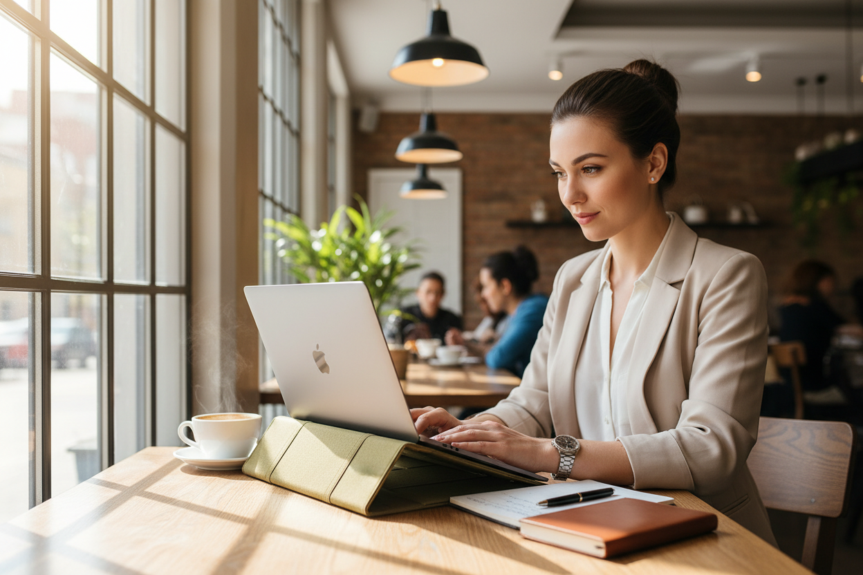 Profissional usando laptop stand em café